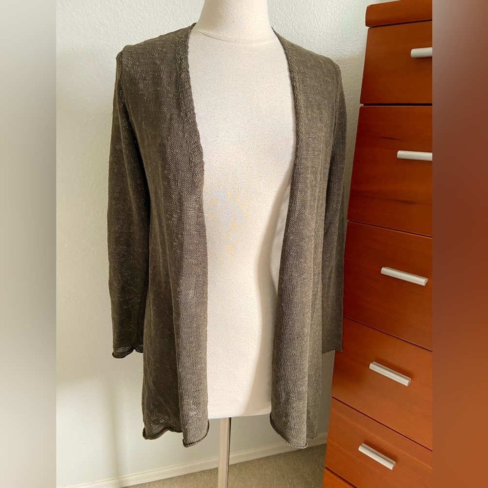 Eileen Fisher Linen Blend Open Long Sweater Cardigan Dark Green Fits XS-S-some M